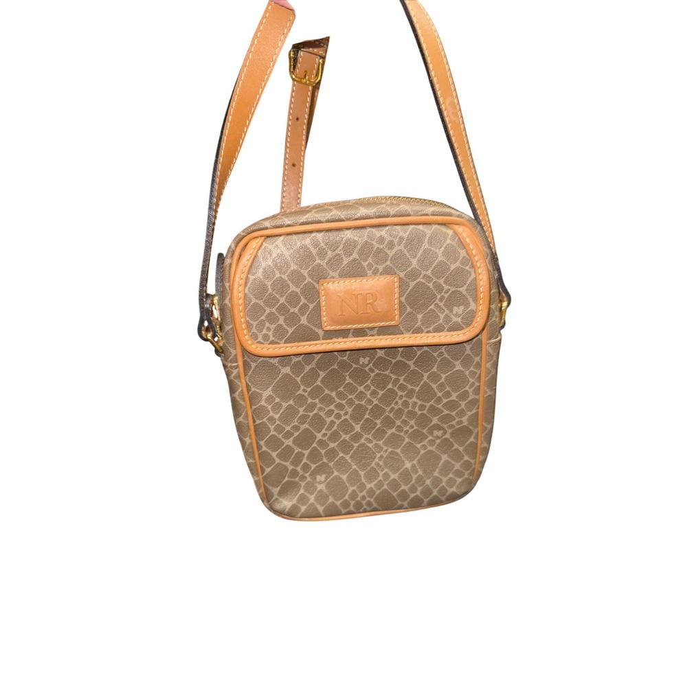 Nina Ricci Monogram‎ Shoulder Bag Tan Leather Trim Crossbody